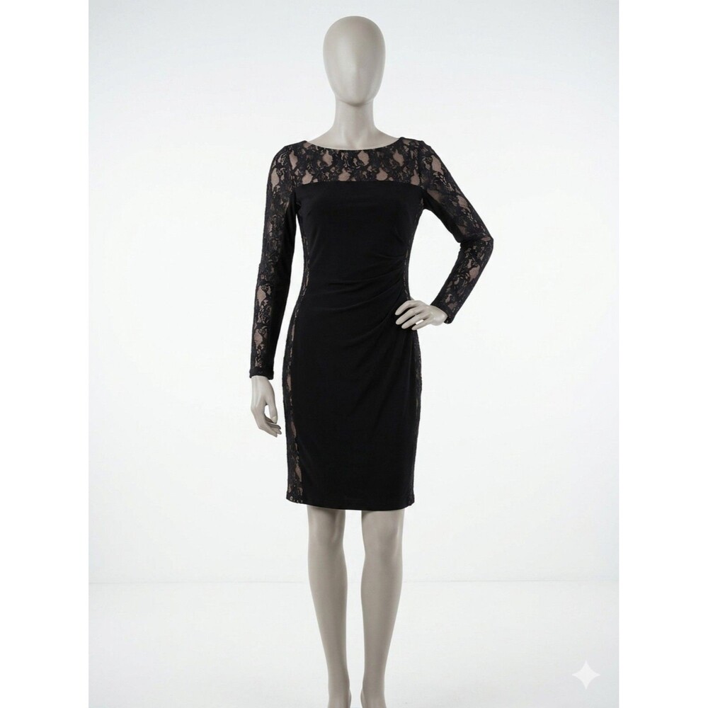 Chaps Womens Dress XS Black LACE Accents Stretch Side Ruched Pullover Party NWT